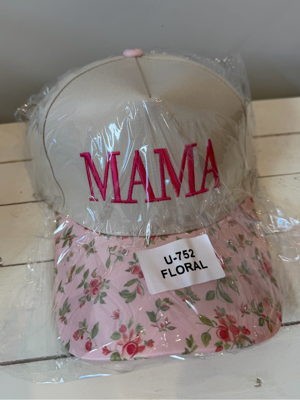 MAMA hat with Floral Print Brim - Cream